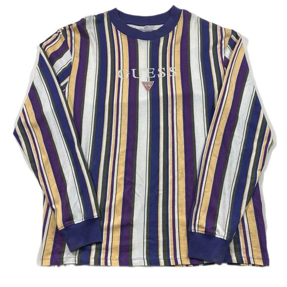 Vintage GUESS T Shirt Mens Size S Multi Striped Embroidered Logo Long Sleeve - Picture 1 of 4